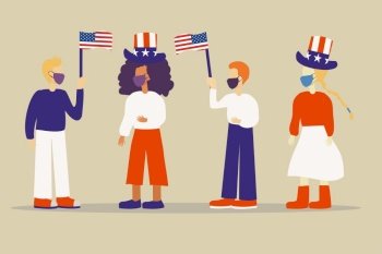 Illustration of a group of people with face masks celebrating 4th July Independence Day of United States of America