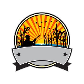Retro style illustration of a duck or bird hunter with rifle in flooded cornfield with corn stalks set inside circle with sunburst on isolated background..  Duck Hunter in Cornfield Circle Retro