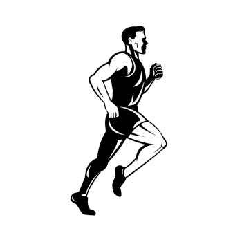 Retro style illustration of a silhouette of a marathon runner running viewed from side done in black and white.. Marathon Runner Running Side Black and White