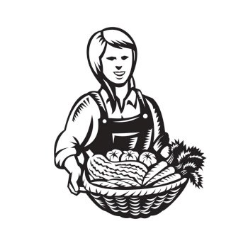 Illustration of female organic farmer with basket of crop produce harvest of fruit and vegetable facing front set done in retro black and white woodcut style.. Female Organic Farmer with Basket of Vegetable Farm Produce Harvest Retro Woodcut
