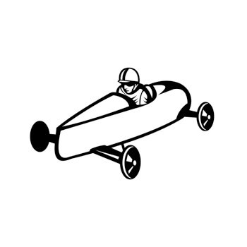 Retro black and white style illustration of a soap box derby or soapbox car racer racing in competition viewed from side on high angle on isolated white background.. Soap Box Derby or Soapbox Car Racer Racing Side Retro Black and White