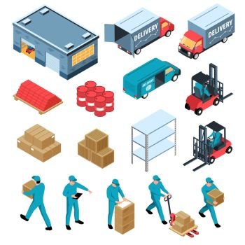 Logistic isometric set of warehouse delivery cargo transportation forklift racks and boxes isolated icons vector illustration