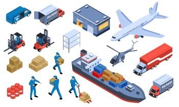 Logistic transportation isometric set of delivery trucks ships and airplanes isolated icons vector illustration