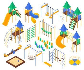 Isometric kids playground set with isolated images of childrens play area facilities amusement devices and slides vector illustration