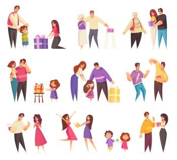 Gift present giving set of isolated icons with flat doodle characters of people in different relationships vector illustration