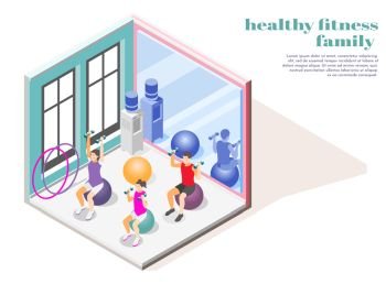 Family fitness isometric composition with mother father and daughter training in gym using dumbbells sport balls and hula hoop vector illustration