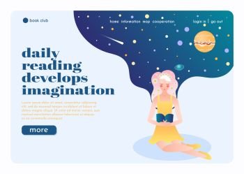 Online book club landing page flat composition with reading flower girl  imagining herself in universe vector illustration