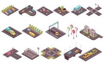 Road set with isometric elements of traffic way with asphalt covering cars buildings and road signs vector illustration