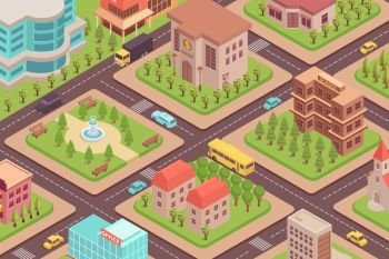 City isometric composition with landscape view of town blocks with squares trees modern buildings and cars vector illustration