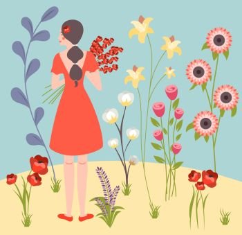 Flower girl in red preparing bouquet for wedding ceremony against exotic blooming plants background flat vector illustration