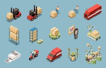 Warehouse automated equipment delivery transport and couriers isometric icons set isolated on blue background 3d vector illustration