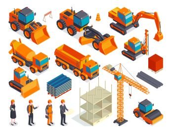 Isometric construction color set with isolated images of bulldozers concrete mixer trucks and characters of builders vector illustration