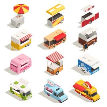 Street carts trucks isometric and colored icon set with food sweets and snacks vector illustration
