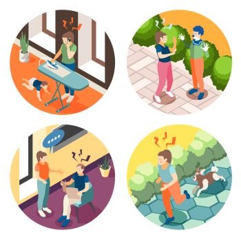 Depression anxiety 4 round isometric composition with relationship problems parenting stress street accidents panic frustration vector illustration