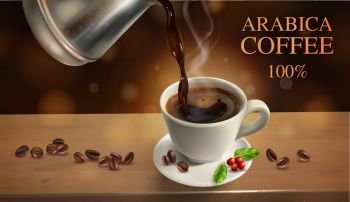 Realistic coffee horizontal advertising poster with Arabica coffee one hundred percent headline vector illustration