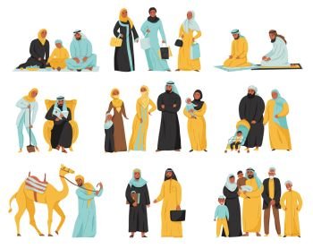 Arabs family icon set with different people and family children parents and animals vector illustration