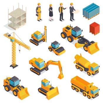 Isometric construction set with isolated images of orange vehicles building machinery materials human characters of builders vector illustration