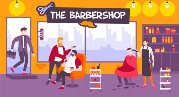 Barbershop horizontal illustration of hair salon for men haircut and shave flat vector illustration