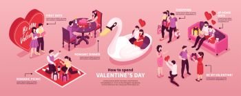 Valentine day spending tips romantic picnic restaurant dinner presents dating horizontal infographic composition pink background vector illustration