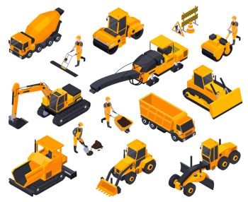 Isolated road construction isometric icon set with different yellow bulldozers cars machines vector illustration