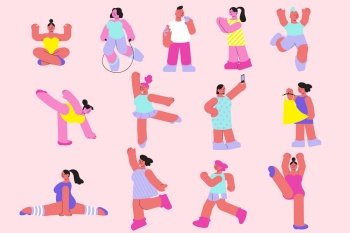 Body positive set of flat doodle style human characters with various poses and shapes of body vector illustration