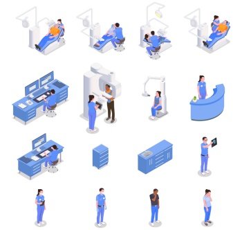 Stomatology clinic isometric icons set with medicine and health symbols isolated vector illustration