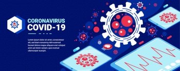 Digital medicine coronavirus horizontal background with text and images of bacteria with oscillogram screens and microbes vector illustration