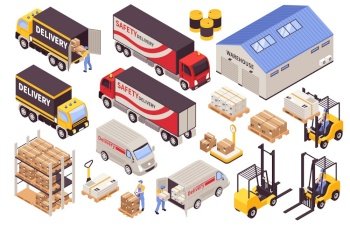 Warehouse storage picking loading delivery logistic services building transportation machinery forklifts trucks vans isometric set vector illustration