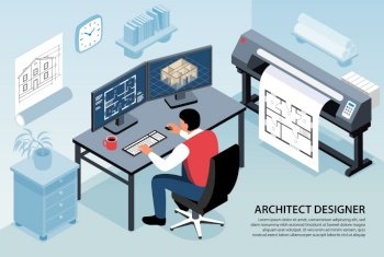 Architect designer horizontal poster with man sitting at his workplace working with computer program isometric vector illustration