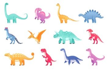 Dinosaurs cartoon set with isolated icons and doodle characters of dinos of different breed and colour vector illustration