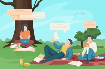 Modern students sitting outdoors with books and gadgets flat composition vector illustration