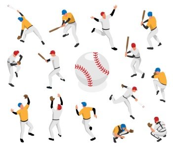 Isometric sport baseball set with isolated human characters of players of different positions with ball images vector illustration