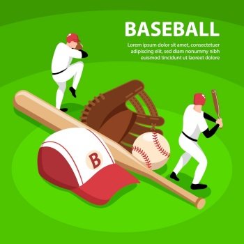 Baseball players cap bat ball and glove on green background 3d isometric vector illustration
