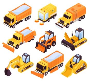 Road cleaning vehicles isometric yellow set with street sweeper washers snowplow clearance bulldozer tractor machinery vector illustration