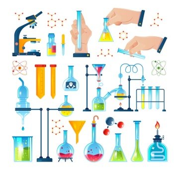 Chemistry laboratory icon set with chemicals test tubes experiments molecules and formulas