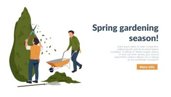 Spring gardening flat background with editable text more info button and characters of gardeners at work vector illustration