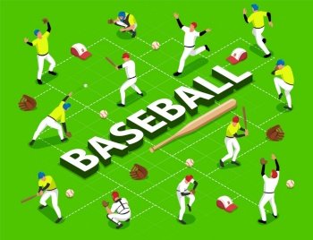 Isometric flowchart with baseball players and game equipment 3d vector illustration