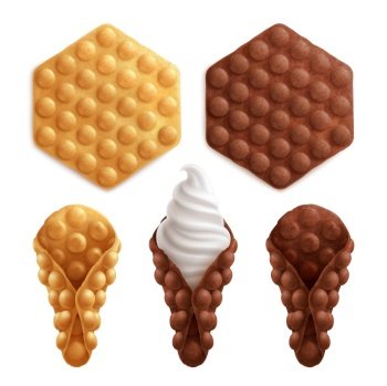 Hong kong bubble waffles chocolate set of realistic confectionery images wafers with cream on blank background vector illustration