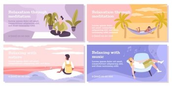Relax four flat banners set of people relaxing with music nature or through meditation isolated vector illustration