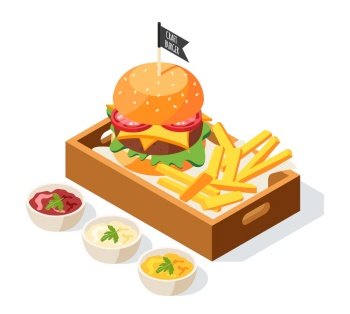 Burger house isometric background with composition of sauce dishes and served burger with fries on platter vector illustration