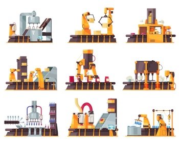 Automated robotic packing conveyor belt isolated icon set with machines in warehouse vector illustration