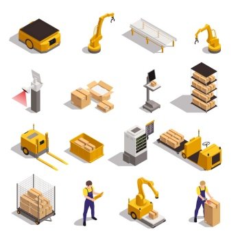Modern warehouse automated system elements isometric set with robotic arm conveyor storage tracking software isolated vector illustration