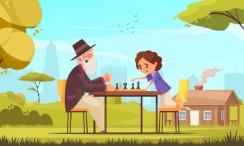 Board games chess composition with little boy and old man playing the game vector illustration