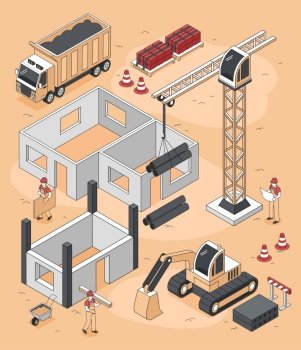 Isometric builders composition of house construction site with bulldozers trucks and pillar crane with human characters vector illustration