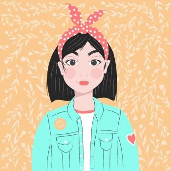 Portrait of a girl with dark hair and hair band, in denim jacket, on yellow background with wild flowers, flat vector illustration