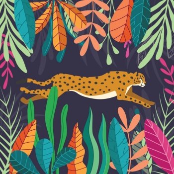 Cute exotic wild big cat cheetah running on dark tropical background with collection of exotic plants. Flat vector illustration