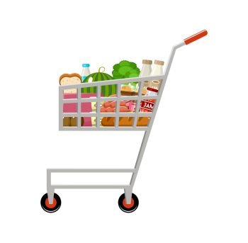 Shopping cart with products. Supermarket. Vector illustration