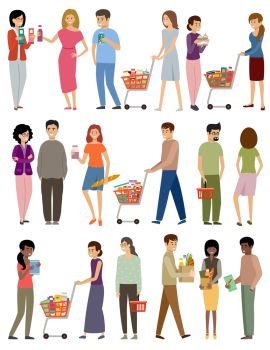People with grocery baskets and trolleys on a white background. Vector flat illustration