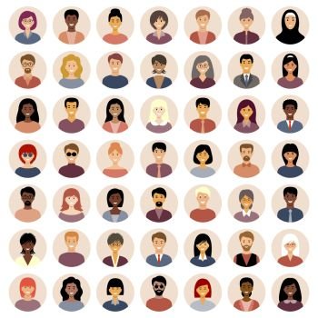 Set of round flat icons with people. Different nationalities. 
European, Asian, African American. Vector illustration.