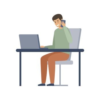 Male manager is working on a computer and talking on the phone. Vector flat illustration
